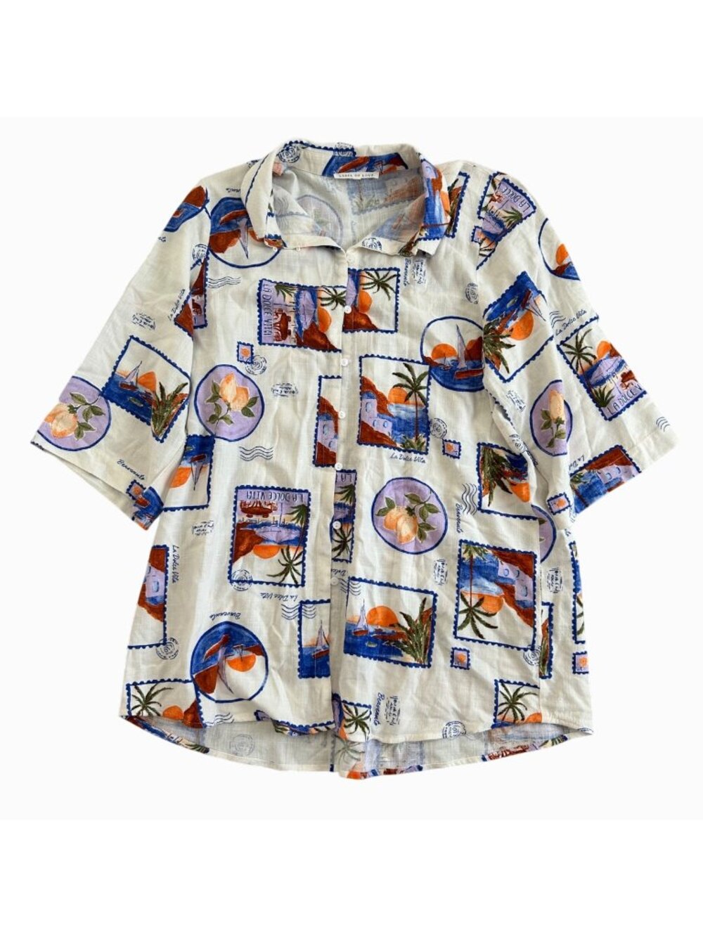 Label Of Love Women's Sz L La Dolce Vita Button-Down Shirt With Postcard Print